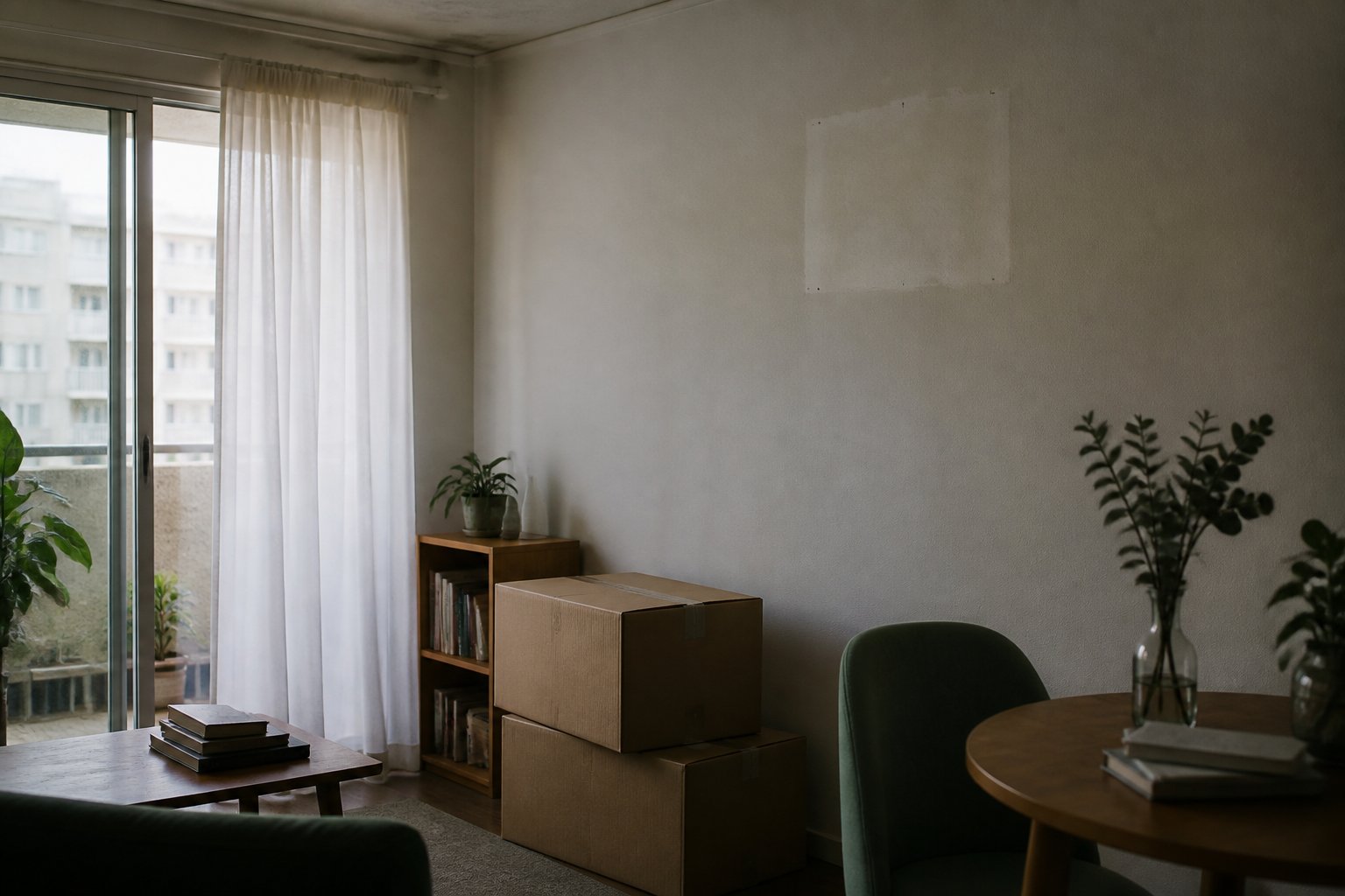 Una habitación en transición con cajas y la huella de un cuadro retirado
