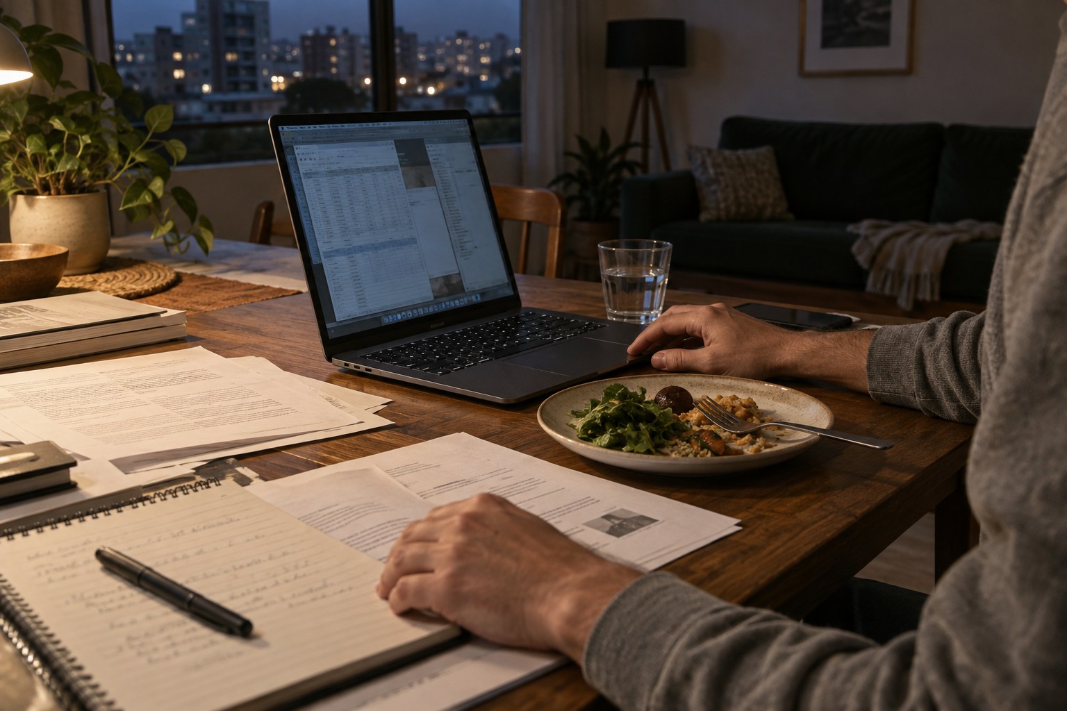 Un computador y documentos de trabajo ocupan la mesa junto a una cena interrumpida